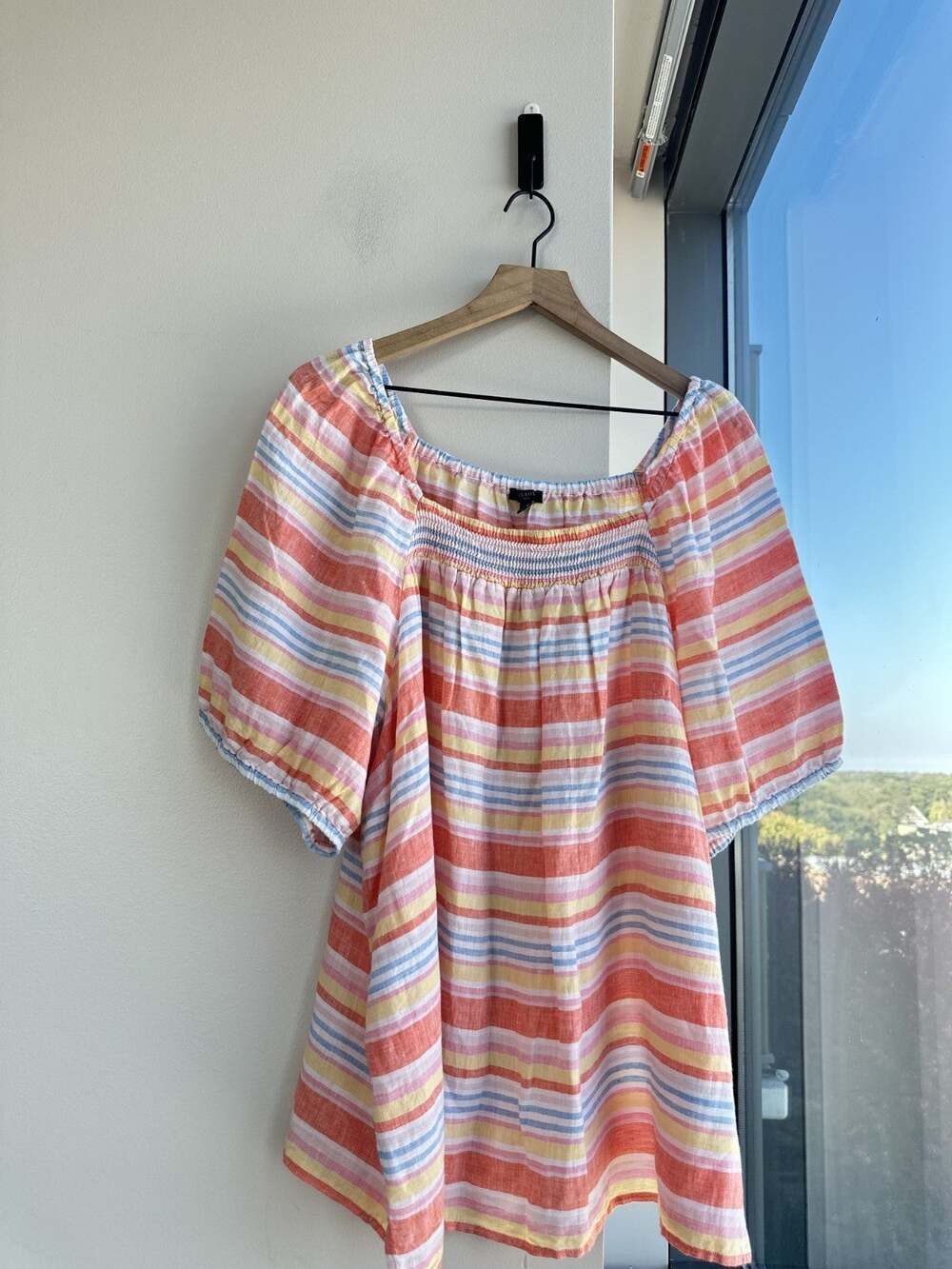 Talbots 100% Linen Stripe Puff Sleeve Multicolor Peasant Coastal Blouse 3X